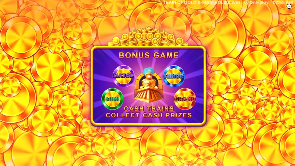 Tampilan visual slot Train of Gold X-Mas: Hold & Win dengan tema kereta api Natal