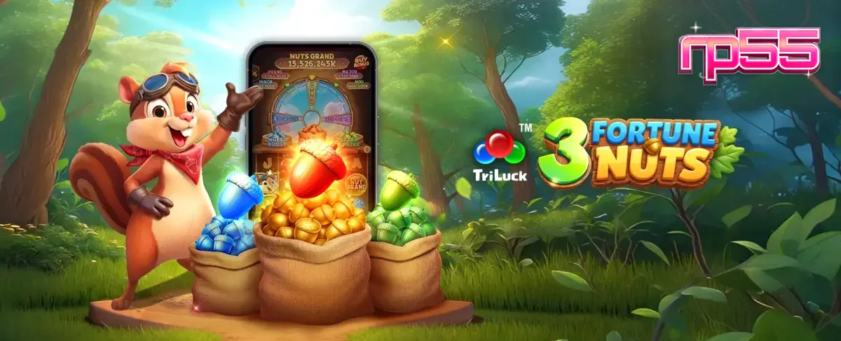 Tampilan visual slot 3 Fortune Nuts dengan tema hutan dan tupai